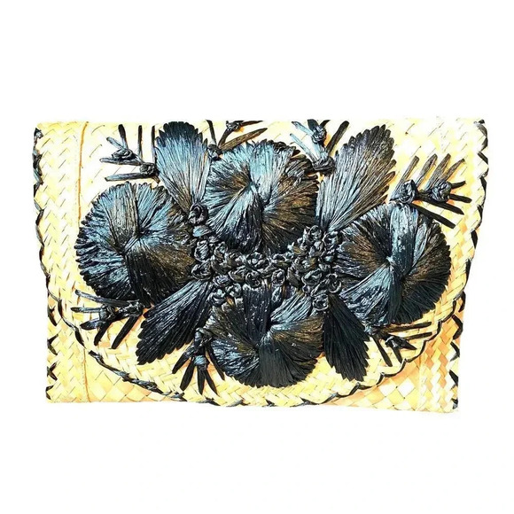Vintage Unique Handmade Organic Palm Leaf Floral 3D Embroidery Bag/Wallet - Picture 1 of 5